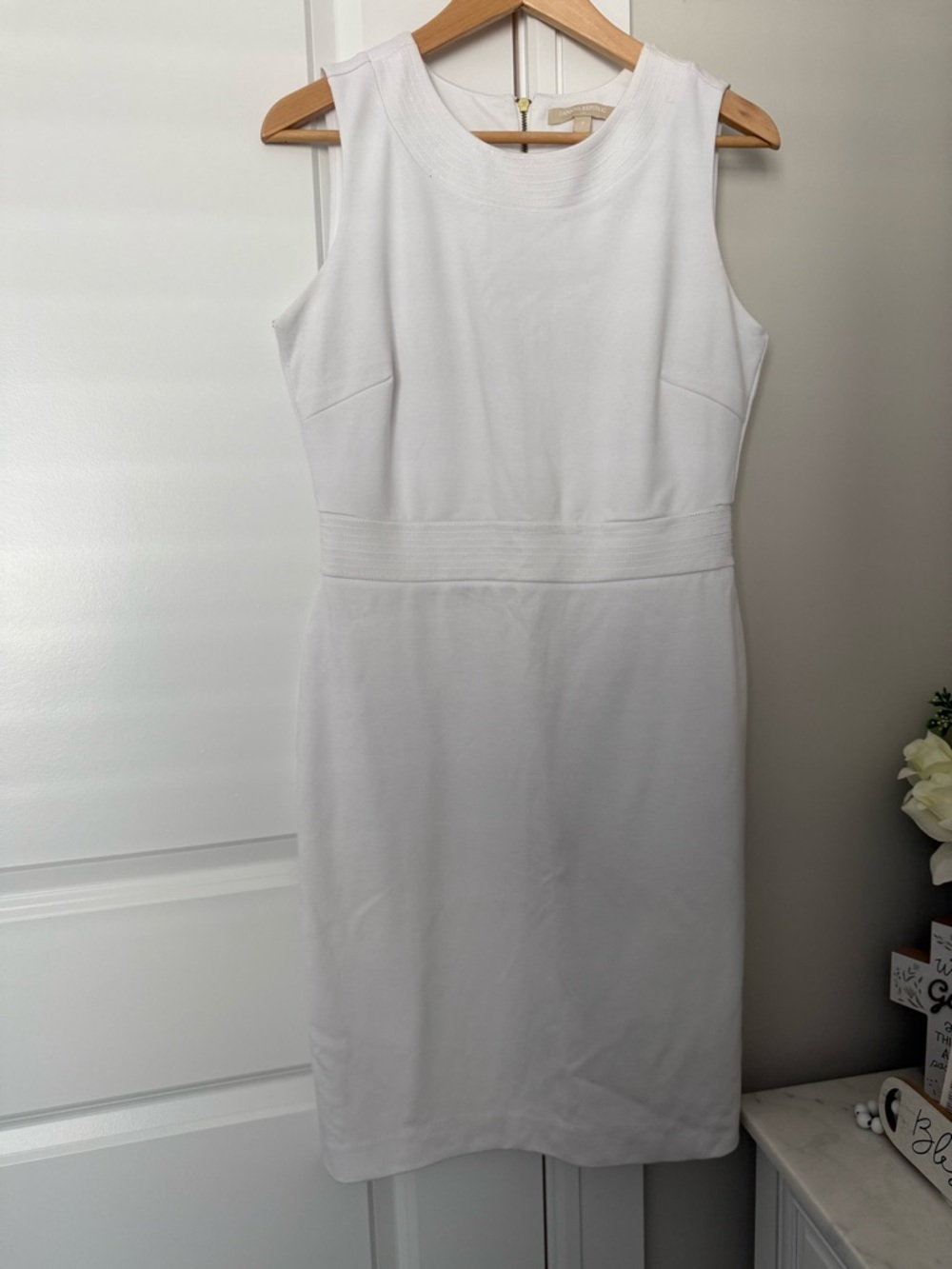 Banana Republic White Sleeveless Midi Sheath Dress with Crew Neck